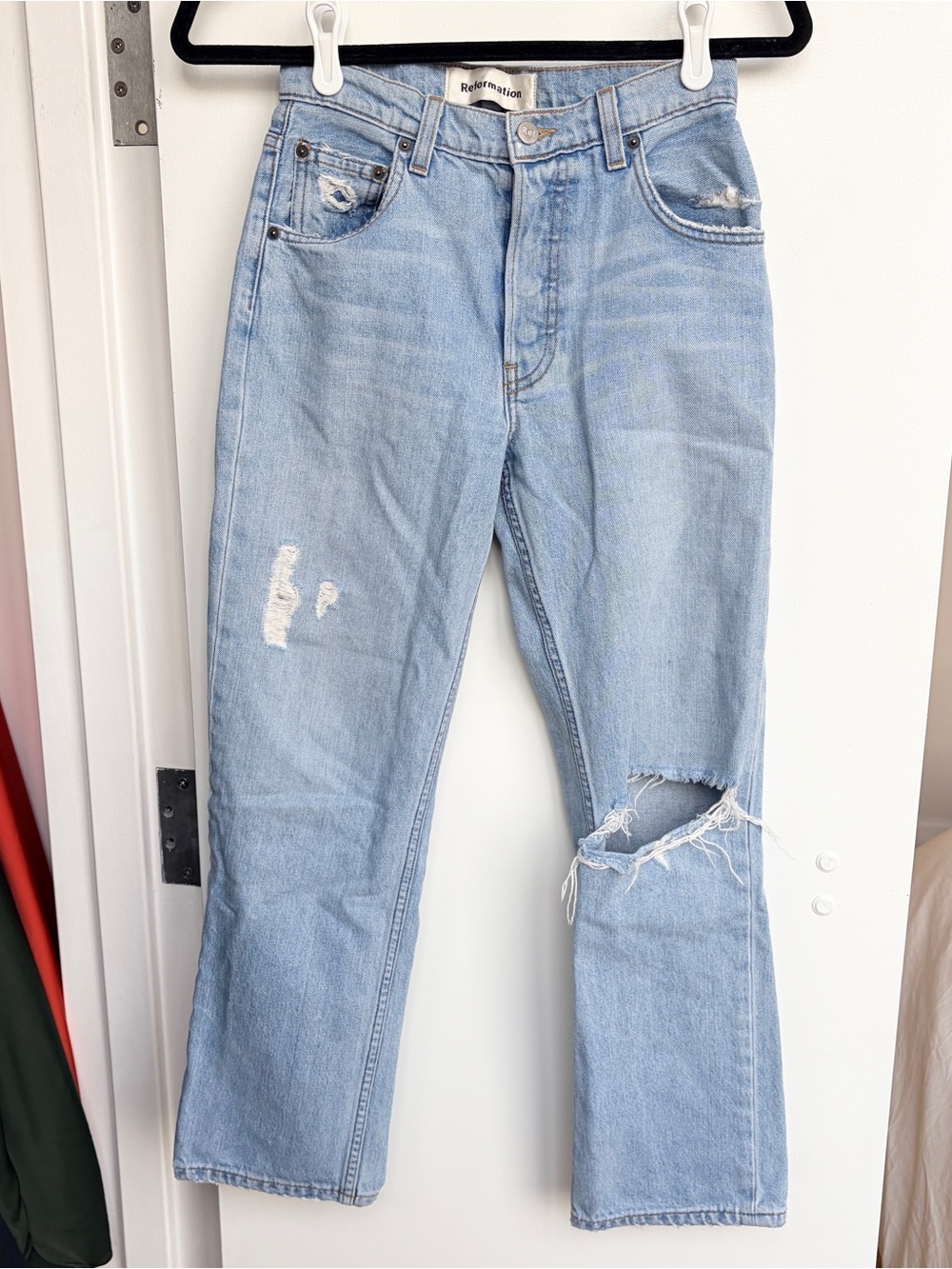 Reformation Light Wash Straight-Leg Distressed Jeans